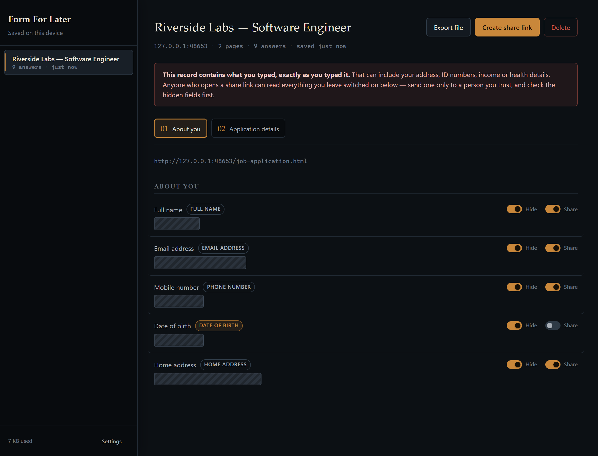 The Form For Later record viewer showing a two-page &ldquo;Riverside Labs — Software Engineer&rdquo; application. Full name, email, mobile number, date of birth and home address are each hidden behind a hatched redaction bar with its own Hide and Share switch.